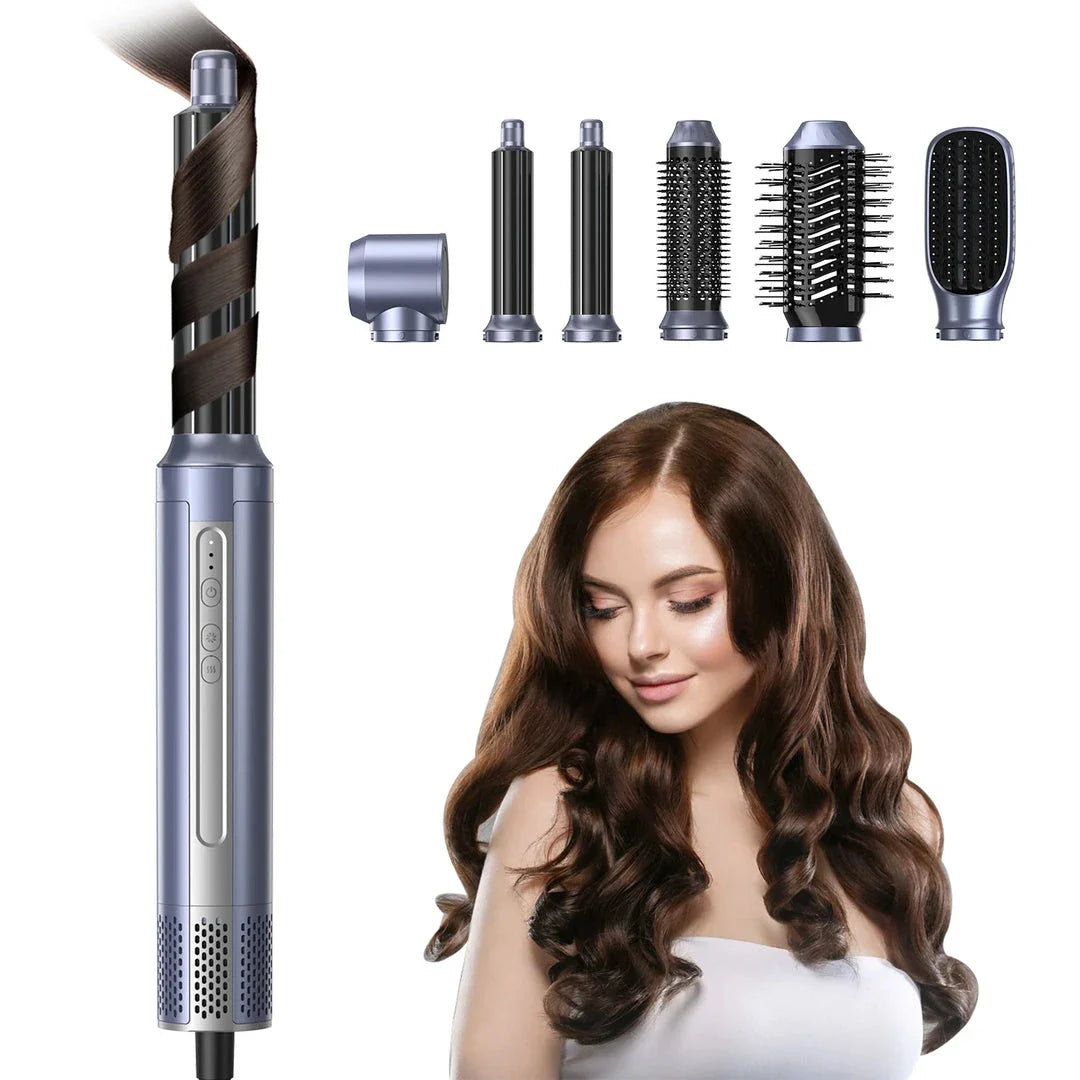 A 6-in-1 multifunctional hair dryer brush with multiple attachments for styling, drying, and volumising hair