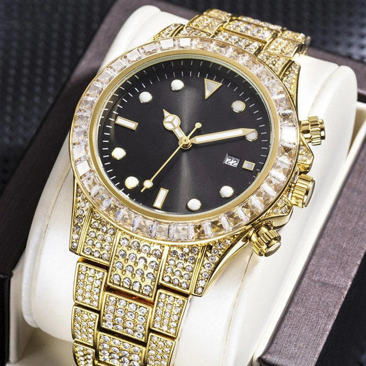 Premium diamond-encrusted green quartz watch with luminous display and sun pattern design