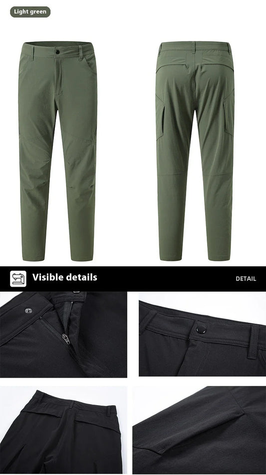 Weatherproof outdoor trousers for men in black, gray, and green colours with adjustable waistband and reinforced panels