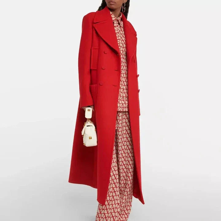 Luxurious Overknee Double Breasted Women's Coat in Red, Navy, and Camel Colours