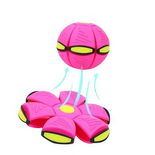 Transforming UFO Ball dog toy in pink, designed for interactive outdoor play and exercise