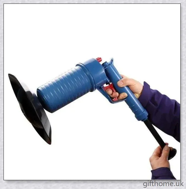 The Air Drain Blaster, a high-powered tool that uses compressed air to quickly unclog sinks, tubs, and toilets without harmful chemicals.
