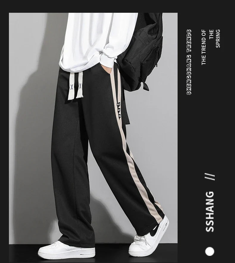 Comfortable striped straight-leg casual trousers in various colours and sizes