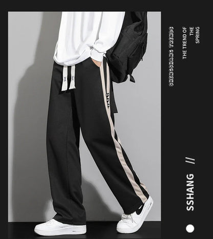 Comfortable striped straight-leg casual trousers in various colours and sizes