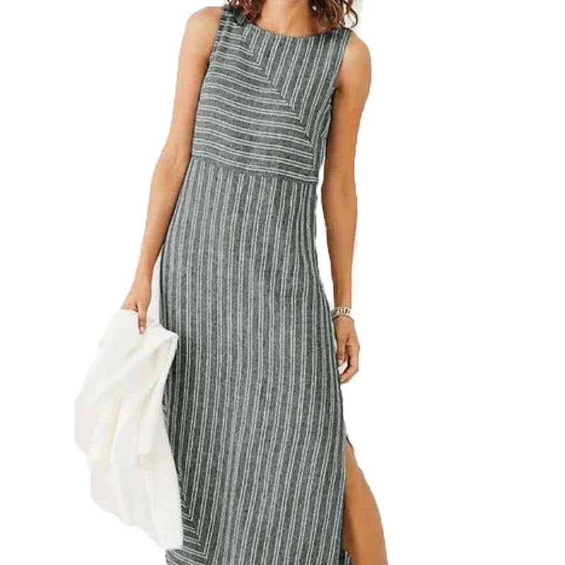 Sleeveless maxi dress with geometric stitching pattern, made of premium cotton and linen blend