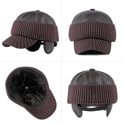 Men's Winter Baseball Cap with Leather Earflaps in Brown Colour
