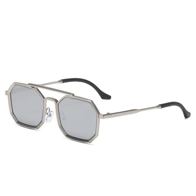 Stylish polygonal double bridge sunglasses with metal frames and mirror-coated lenses for men and women