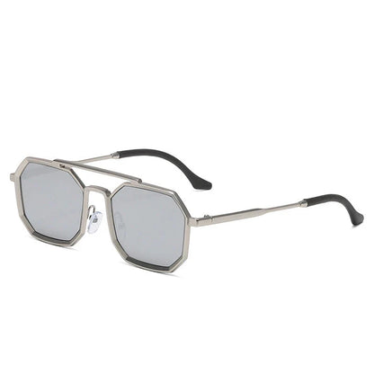 Stylish polygonal double bridge sunglasses with metal frames and mirror-coated lenses for men and women