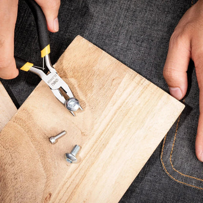 A close-up view of a pair of 5-inch mini long nose pliers with a carbon steel construction and a comfortable plastic handle.
