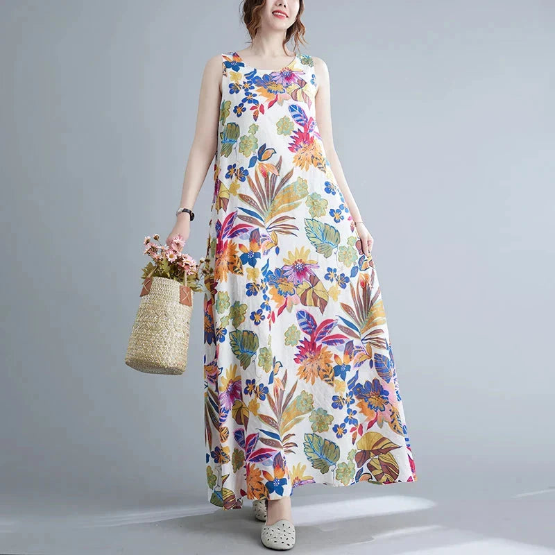 Elegant floral print cotton linen maxi dress in blue, perfect for warm weather wear
