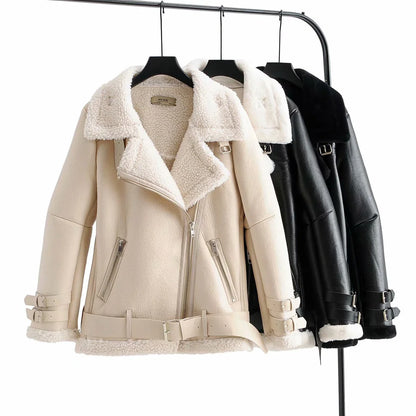Warm faux leather jacket with plush faux fur lining, available in classic British colours for autumn and winter wear.