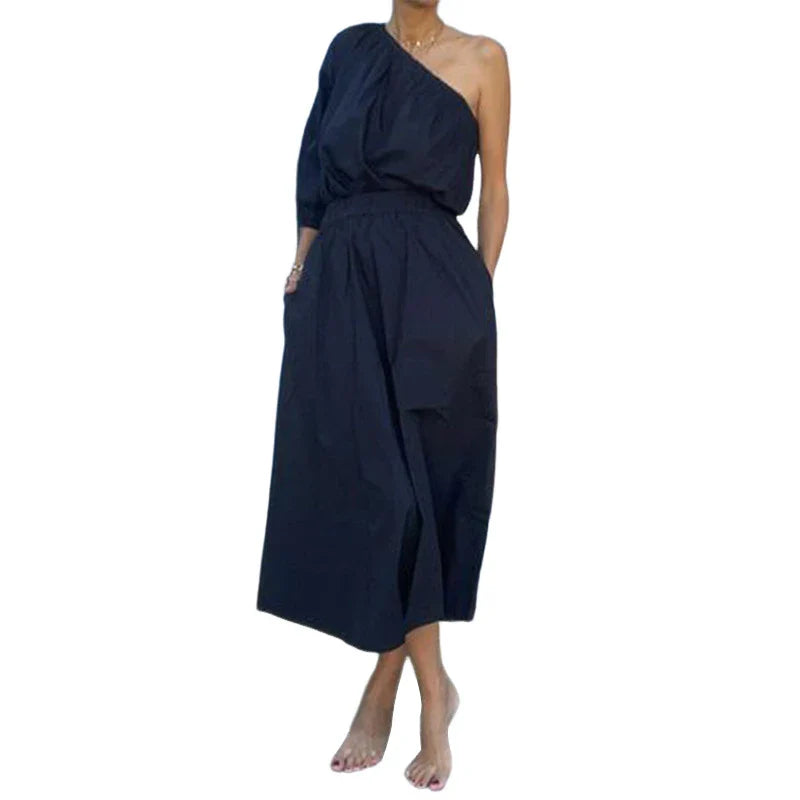 Elegant two-piece mid-length skirt suit with oblique shoulder design, made with premium polyester fabric and boutique four-sided elastic band