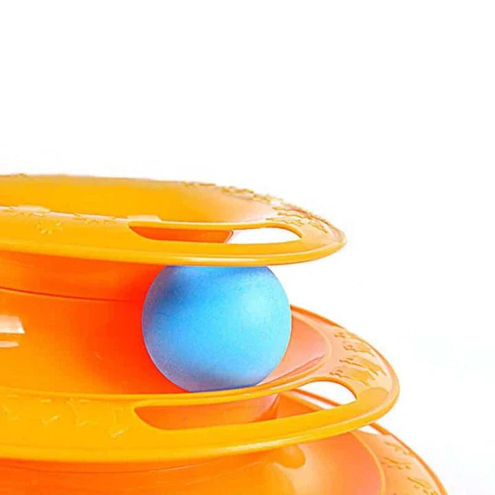 A yellow cat pyramid toy with colourful balls that encourages natural play and exploration for feline friends