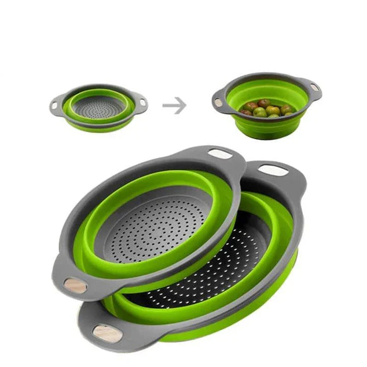 A vibrant, colourful folding colander made with durable food-grade materials for efficient straining and compact storage in the kitchen.