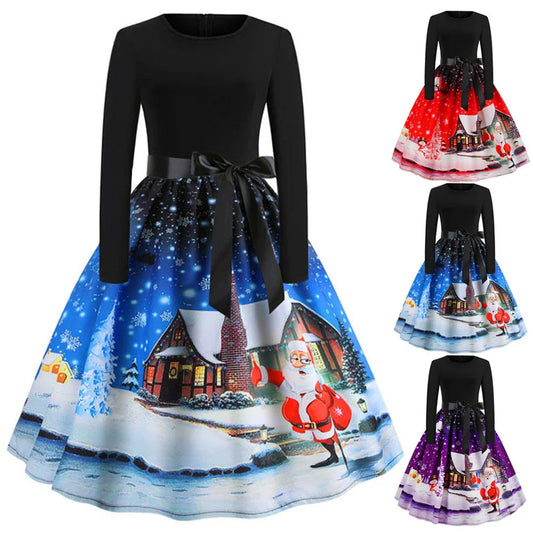 A festive, vintage-inspired Christmas dress with a vibrant retro print, flowing swing skirt, and long sleeves for a timeless, feminine look.