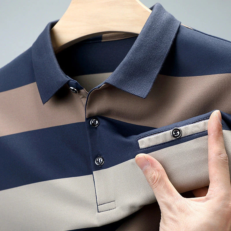 Premium Striped Long Sleeve Polo Shirt in Gray for Gentlemen - Soft, Breathable Fabric, Colour-Block Design, Versatile Casual-to-Smart Styling
