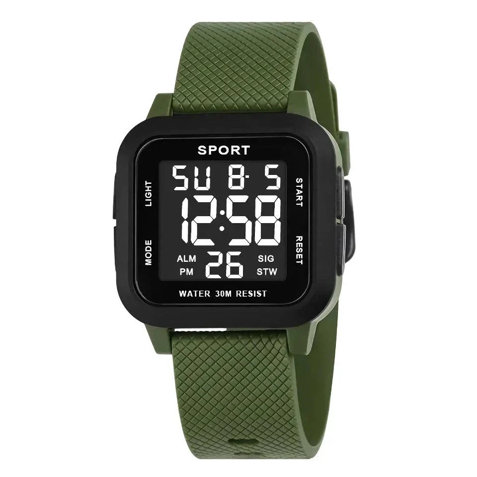 Rugged LED military sports watch with shock-resistant rubber case and tough TPU band, designed for adventurous men in the UK