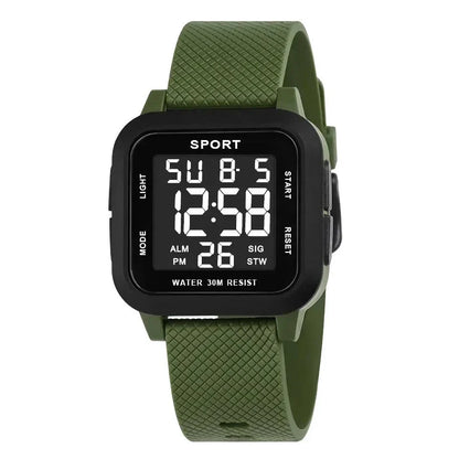 Rugged LED military sports watch with shock-resistant rubber case and tough TPU band, designed for adventurous men in the UK