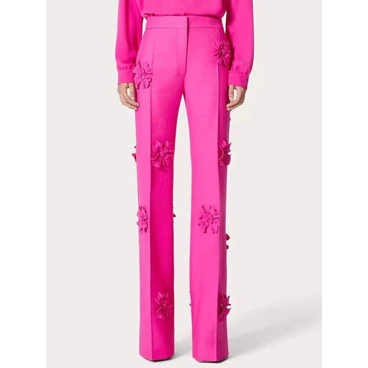 Premium high-waist wide-leg trousers in a pink shade, featuring a unique patchwork design for a stylish and comfortable look.