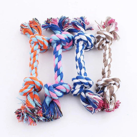 Robust cotton bone-shaped braided toy for dogs, designed to withstand chewing and promote dental health
