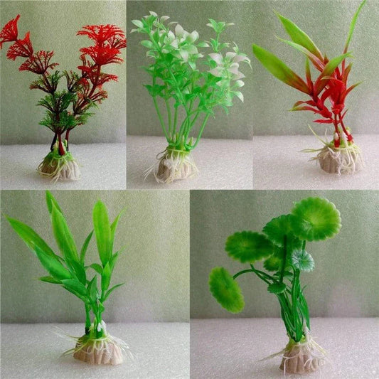 Vibrant multicolour artificial aquarium plants in various styles and sizes