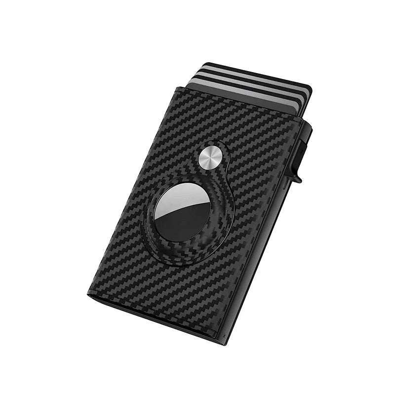 Premium carbon fibre and genuine leather card holder with stylish black and stripe design, offering anti-theft protection and ample storage for the modern UK consumer