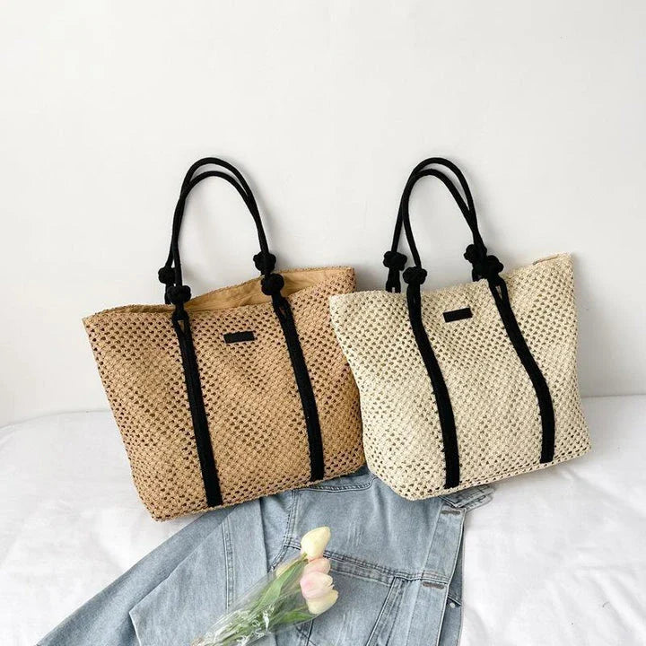 Premium large capacity woven straw beach tote in beige colour with stylish knitted pattern