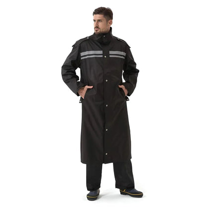 Men's long waterproof raincoat in black, made from premium Oxford cloth with a thick lining for warmth and protection against rain and wind.