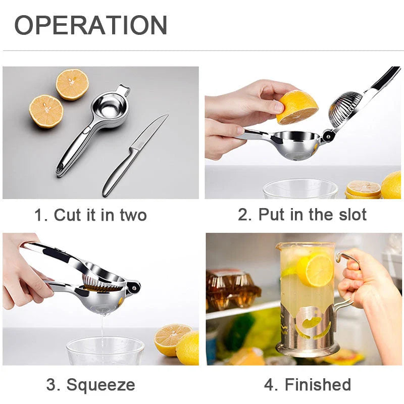 A high-quality manual lemon squeezer made of stainless steel for extracting fresh citrus juice
