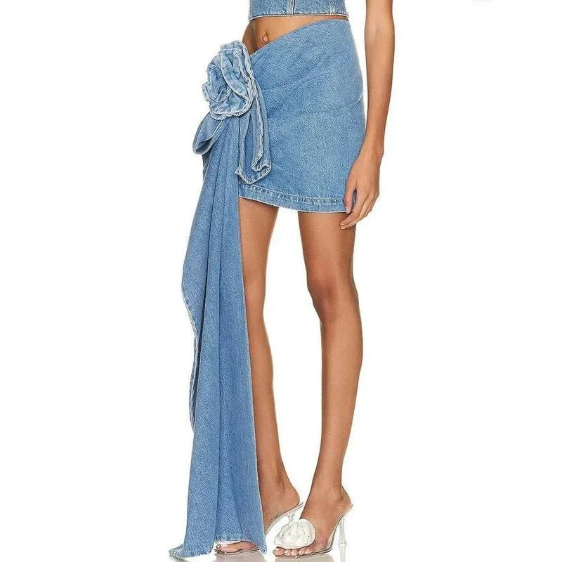 Chic high-waist blue denim skirt with elegant 3D rose floral detail, perfect for British summer fashion