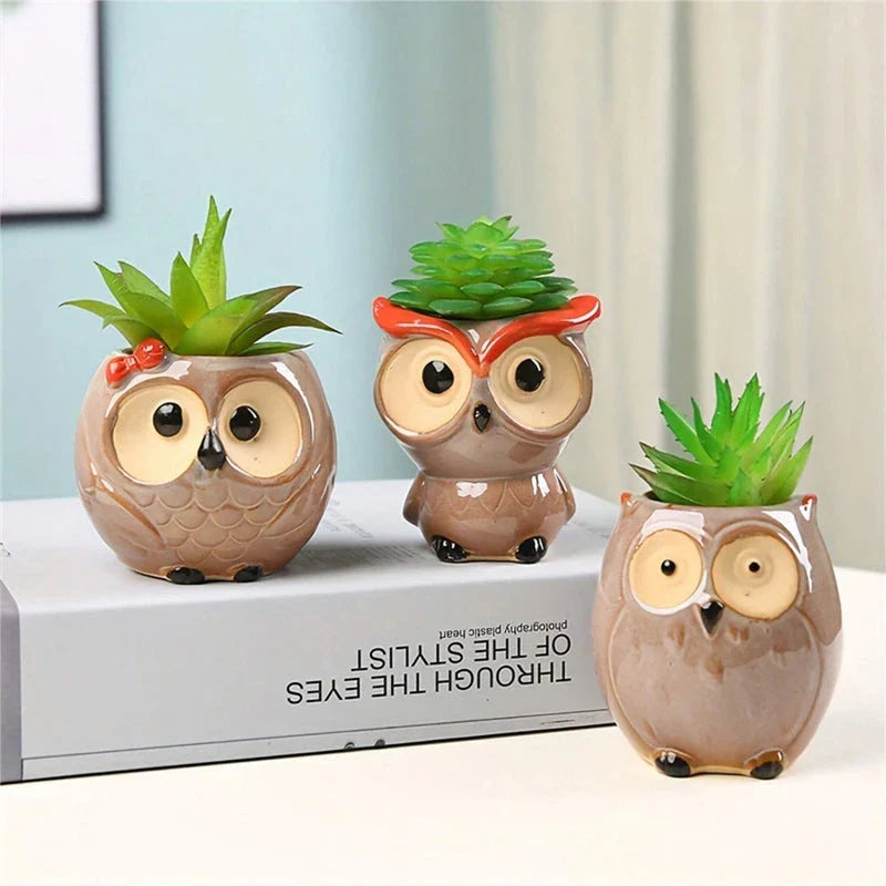 Adorable owl-shaped ceramic flower pot in white, suitable for succulents and small plants