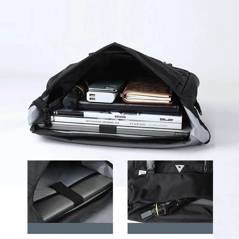 Premium casual messenger bag made with Oxford spinning material, featuring a structured yet soft exterior, ample storage space, and a water-resistant design for the modern British gentleman.