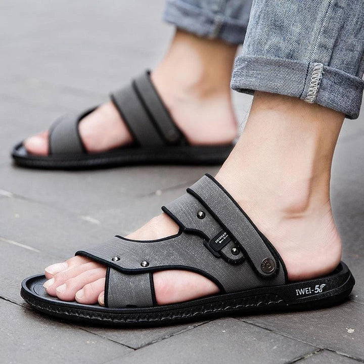 Premium British-made beach sandals with breathable PU upper, non-slip rubber sole, and adjustable buckle closure