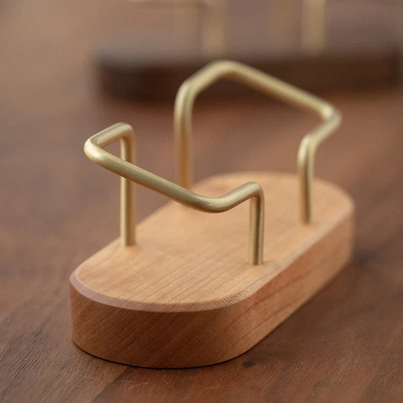 Elegant wooden business card holder made of premium black walnut or beech wood, designed for use on office desks and in home workspaces.