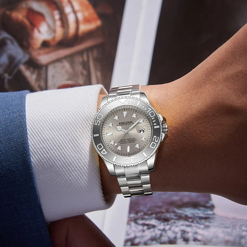 Premium luminous waterproof quartz watch for men with stainless steel case and grey dial