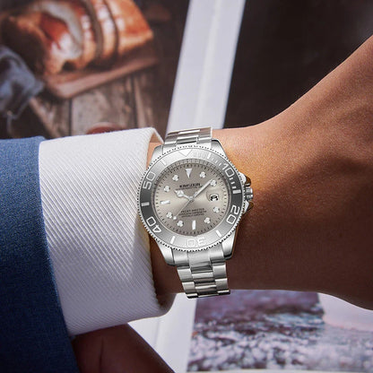 Premium luminous waterproof quartz watch for men with stainless steel case and grey dial