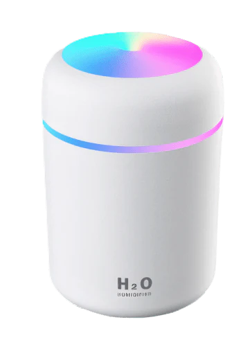 Compact in-car LED humidifier with rainbow mood lighting, designed to freshen and relax your vehicle's interior