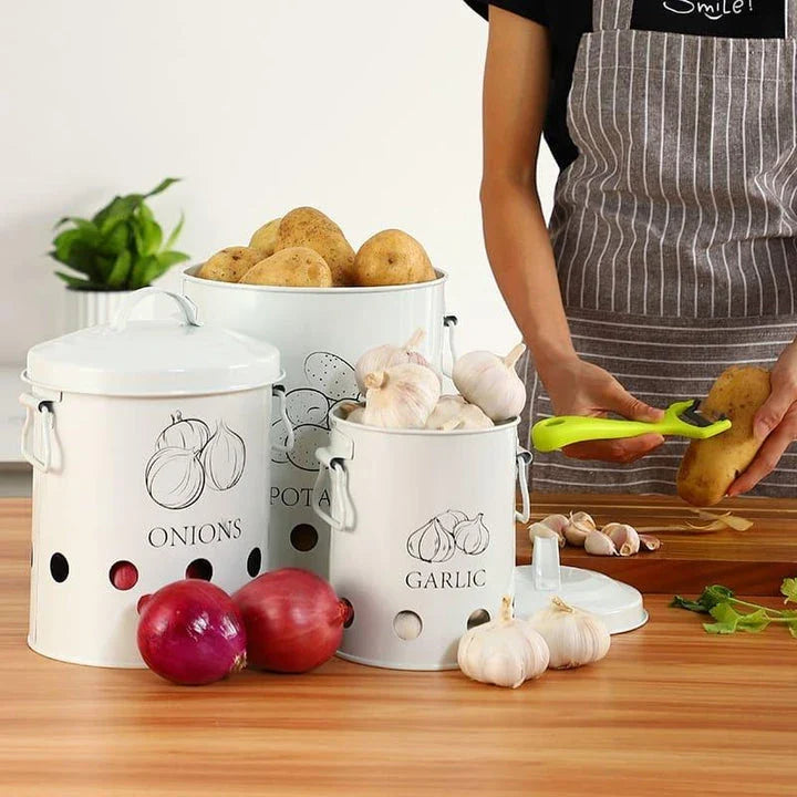 Premium metal storage containers with perforated sides for ventilation and built-in handles for easy transport