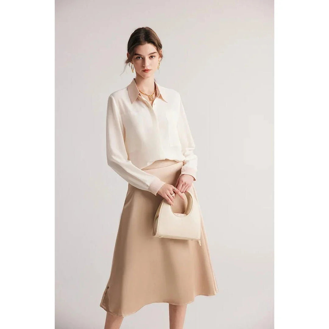Refined Mulberry Silk Crepe de Chine Blouse in White, Ivory, Navy, and Black colours, featuring elegant patchwork design and turn-down collar for versatile office and casual wear.