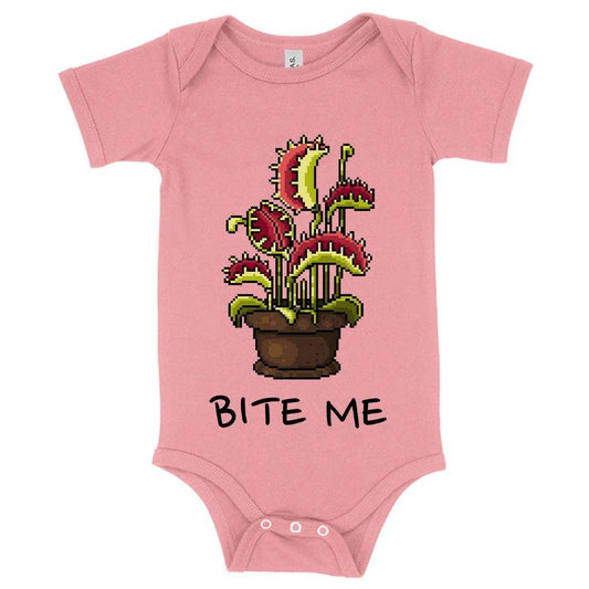 Adorable baby wearing a soft, flexible Venus Flytrap-inspired onesie in a cosy, yet playful design