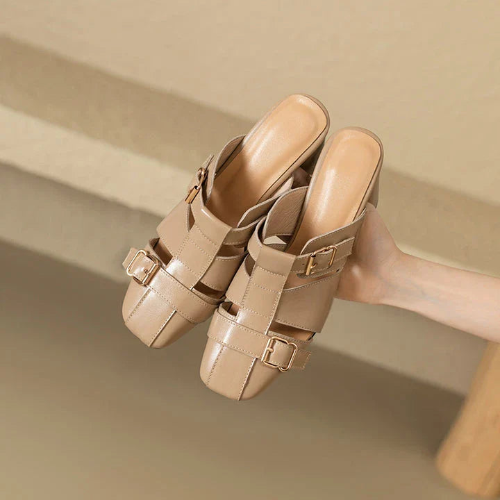 Exquisite embroidered leather high heel slippers in khaki colour, showcasing intricate detailing and a stable square heel design for stylish summer wear