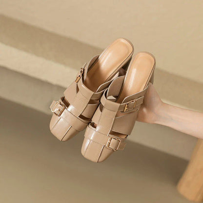 Exquisite embroidered leather high heel slippers in khaki colour, showcasing intricate detailing and a stable square heel design for stylish summer wear