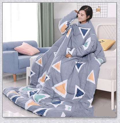 A cosy, wearable quilt with sleeves in a variety of colourful designs, perfect for staying warm and comfortable during the winter months.