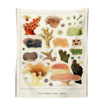 Mushroom Tapestry Wall Hanging with Botanical Print and Floral Illustrations