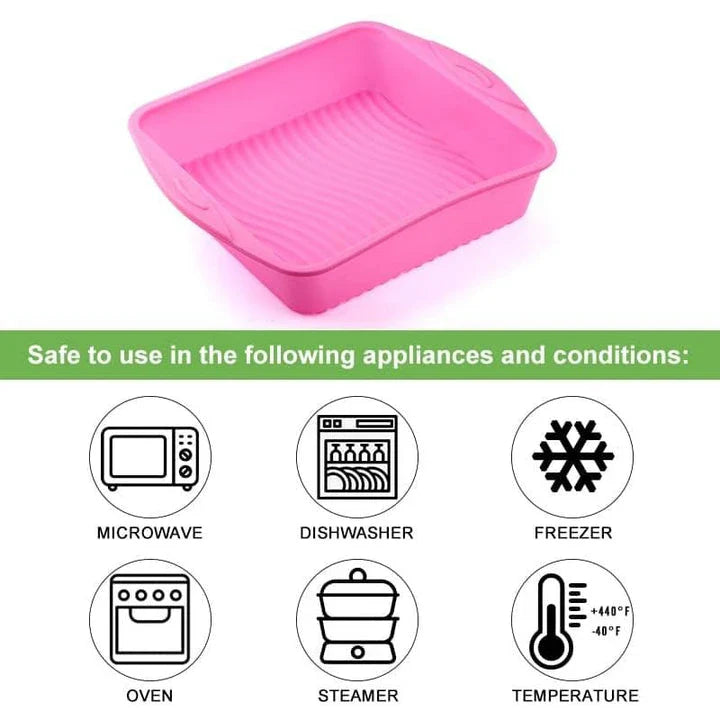 Premium square silicone cake baking mould in a vibrant pink colour