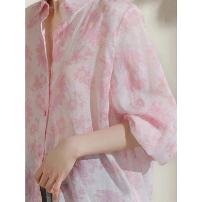 Elegant floral print ramie blouse for women, featuring a loose, comfortable fit and a polished turn-down collar design.