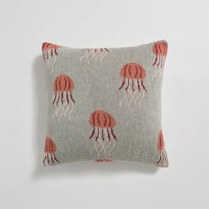 Elegant jellyfish pattern knitted cotton cushion cover in grey and green colours