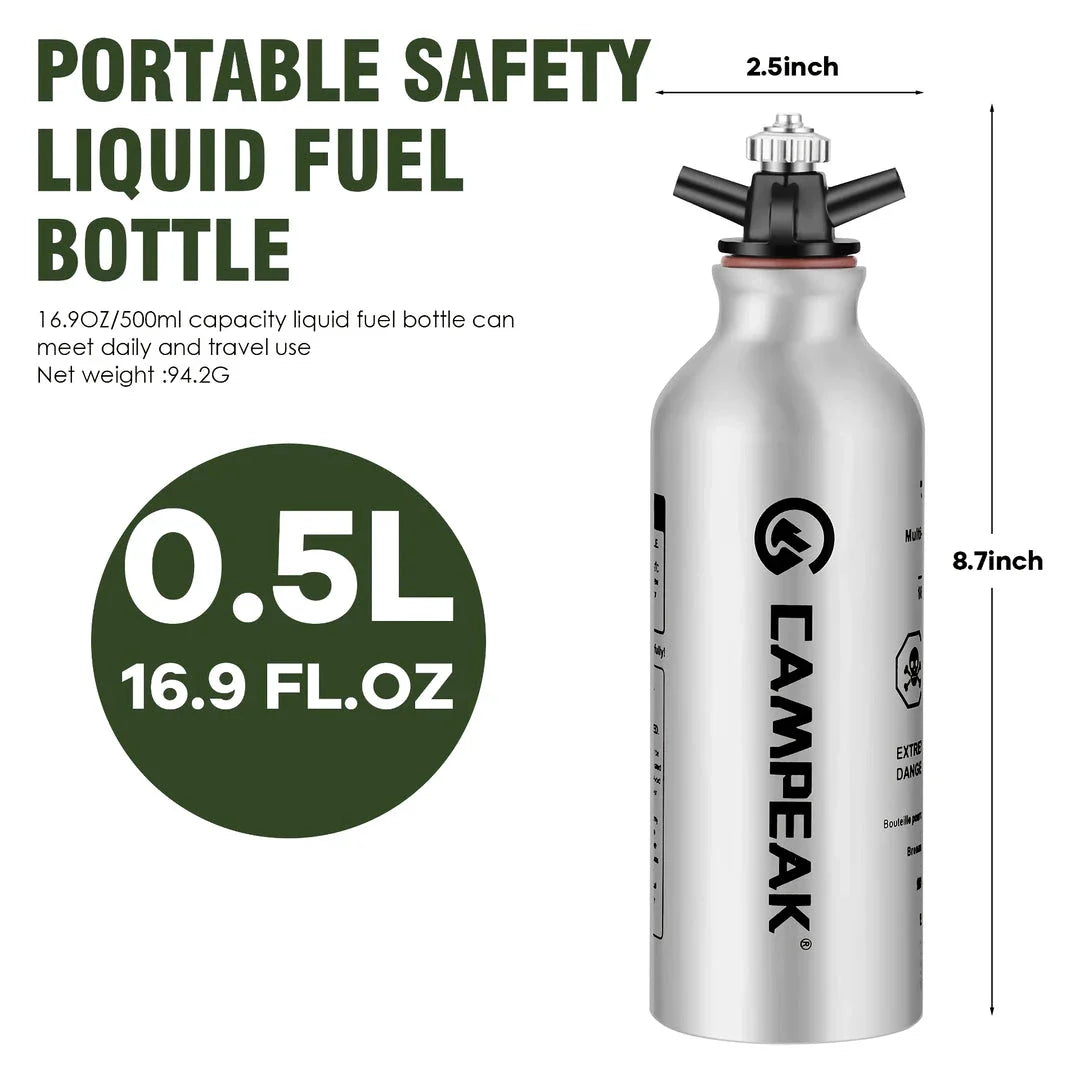 Portable aluminium liquid fuel storage bottle with safety cap and venting pipe, perfect for camping, hiking, and outdoor adventures