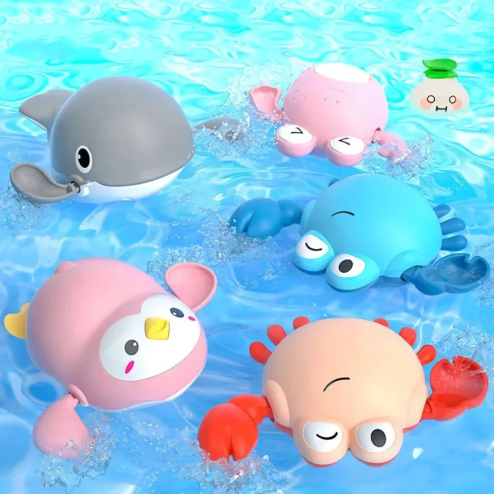 Delightful wind-up bath toys in a red turtle design, floating and moving in the water, providing fun and engaging playtime for children.