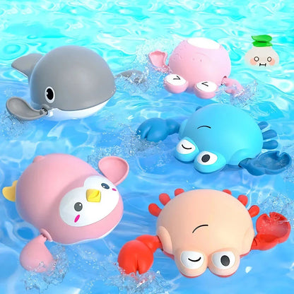 Delightful wind-up bath toys in a red turtle design, floating and moving in the water, providing fun and engaging playtime for children.